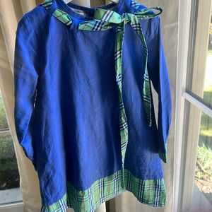 The Oaks Apparel Blue Shift Dress with Green Plaid Trim, size 6